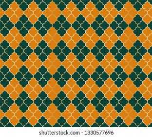 Ottoman Mosque Vector Seamless Pattern. Argyle rhombus muslim textile background. Traditional ramadan pattern with gold grid. Rich islamic argyle seamless design of lantern lattice shape tiles.