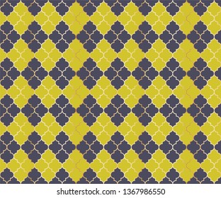 Ottoman Mosque Vector Seamless Pattern. Argyle rhombus muslim fabric background. Traditional ramadan pattern with gold grid. Stylish islamic argyle seamless design of lantern lattice shape tiles.