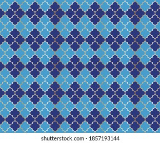 Ottoman Mosque Vector Seamless Pattern. Argyle rhombus muslim textile background. Traditional ramadan pattern with gold grid. Stylish islamic argyle seamless design of lantern lattice shape tiles.