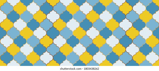 Ottoman Mosque Window Shape. Eid Mubarak Islamic Background. Moroccan Seamless Pattern Ramadan Kareem Muslim Decoration. Moroccan Seamless Mosaic Ornament. Ramadan Traditional Mosque Golden Tile.