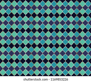 Ottoman Mosque Window Vector Seamless Pattern. Ramadan mubarak muslim background. Traditional ramadan mosque pattern with gold grid. Islamic window grid design of lantern shapes tiles.