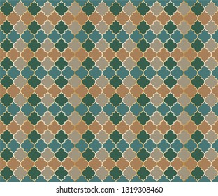 Ottoman Mosque Window Vector Seamless Pattern. Ramadan mubarak muslim background. Traditional ramadan mosque pattern in gold grid borders. Chic islamic window grid design of lantern shapes tiles.