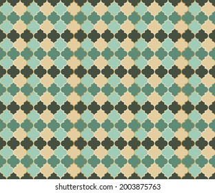 Ottoman Mosque Window Vector Seamless Pattern. Ramadan mubarak muslim background. Traditional ramadan mosque pattern with gold grid mosaic. Trendy islamic window grid design of lantern shapes tiles.