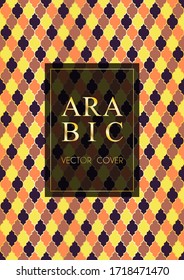 Ottomanische Muster Vektorgrafik-Deckblatt-Layout im arabischen Stil der Moschee Buntglasfenster Mosaik Gitter. Islamischer Hintergrund, Marokkanisch, türkisch, arabisch, ottomanisches Muster, Vektorgrafik-Vorlage auf goldgelbem Hintergrund