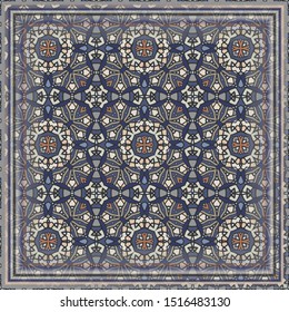 Ottoman seamless pattern in blue and red for decoration. Print for paper wallpaper, tiles, textiles, neckerchief. Scarf design.