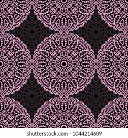 Ottoman Seamless Pattern. Orient Texture for Textile, Fabric, Linen. Feminine Lacy Ornament with Outline Mandalas. Seamless Orient Texture in Damask Style. Vintage Pattern for Wallpaper