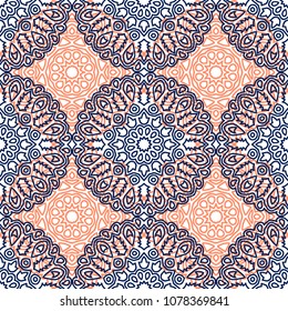 Ottoman Seamless Pattern. Orient Texture for Textile, Fabric, Linen. Feminine Lacy Ornament with Outline Mandalas. Seamless Orient Texture in Damask Style. Vintage Pattern for Wallpaper