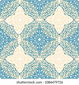 Ottoman Seamless Pattern. Orient Texture for Textile, Fabric, Linen. Feminine Lacy Ornament with Outline Mandalas. Seamless Orient Texture in Damask Style. Vintage Pattern for Wallpaper