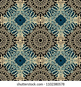 Ottoman Seamless Pattern. Orient Texture for Textile, Fabric, Linen. Feminine Lacy Ornament with Outline Mandalas. Seamless Orient Texture in Damask Style. Vintage Pattern for Wallpaper