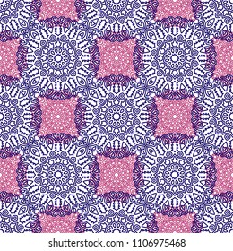 Ottoman Seamless Pattern. Orient Texture for Textile, Fabric, Linen. Feminine Lacy Ornament with Outline Mandalas. Seamless Orient Texture in Damask Style. Vintage Pattern for Wallpaper