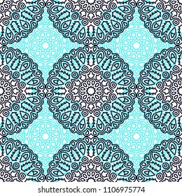 Ottoman Seamless Pattern. Orient Texture for Textile, Fabric, Linen. Feminine Lacy Ornament with Outline Mandalas. Seamless Orient Texture in Damask Style. Vintage Pattern for Wallpaper