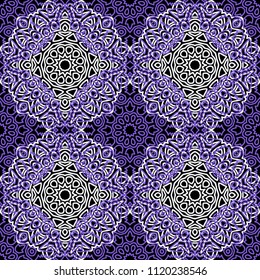 Ottoman Seamless Pattern. Orient Texture for Textile, Fabric, Linen. Feminine Lacy Ornament with Outline Mandalas. Seamless Orient Texture in Damask Style. Vintage Pattern for Wallpaper