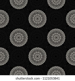 Ottoman Seamless Pattern. Orient Texture for Textile, Fabric, Linen. Feminine Lacy Ornament with Outline Mandalas. Seamless Orient Texture in Damask Style. Vintage Pattern for Wallpaper