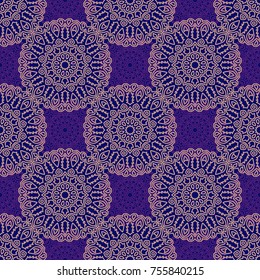 Ottoman Seamless Pattern. Orient Texture for Textile, Fabric, Linen. Feminine Lacy Ornament with Outline Mandalas. Seamless Orient Texture in Damask Style. Vintage Pattern for Wallpaper