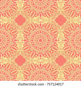 Ottoman Seamless Pattern. Orient Texture for Textile, Fabric, Linen. Feminine Lacy Ornament with Outline Mandalas. Seamless Orient Texture in Damask Style. Vintage Pattern for Wallpaper