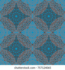 Ottoman Seamless Pattern. Orient Texture for Textile, Fabric, Linen. Feminine Lacy Ornament with Outline Mandalas. Seamless Orient Texture in Damask Style. Vintage Pattern for Wallpaper