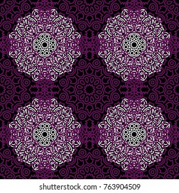Ottoman Seamless Pattern. Orient Texture for Textile, Fabric, Linen. Feminine Lacy Ornament with Outline Mandalas. Seamless Orient Texture in Damask Style. Vintage Pattern for Wallpaper