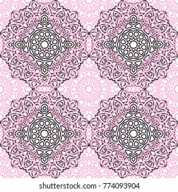 Ottoman Seamless Pattern. Orient Texture for Textile, Fabric, Linen. Feminine Lacy Ornament with Outline Mandalas. Seamless Orient Texture in Damask Style. Vintage Pattern for Wallpaper