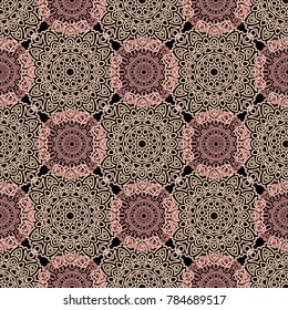 Ottoman Seamless Pattern. Orient Texture for Textile, Fabric, Linen. Feminine Lacy Ornament with Outline Mandalas. Seamless Orient Texture in Damask Style. Vintage Pattern for Wallpaper