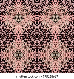 Ottoman Seamless Pattern. Orient Texture for Textile, Fabric, Linen. Feminine Lacy Ornament with Outline Mandalas. Seamless Orient Texture in Damask Style. Vintage Pattern for Wallpaper