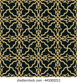 Ottoman Seamless Pattern. Traditional Islamic Floral Background. Ocher on black. Mosque decoration element.