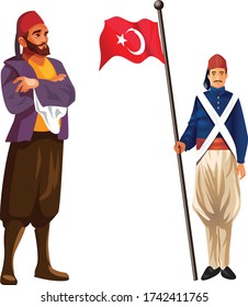 An Ottoman soldier holds the Turkish flag