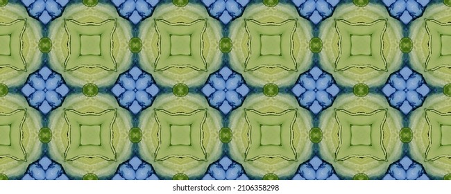 Ottoman Summer Batik Print. Traditional Floral Tile Green Uzbek Mosaic Batik. Blue Ethnic Flower Floor. Green Ethnic Print. Pakistan Geometric Pattern Boho. Green Arabic Seamless Ornament.