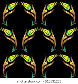 Ottoman Tulip Pattern. Background Motif. Golden Gilded Fabric Pattern.