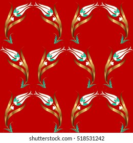 Ottoman Tulip Pattern. Background Motif. Golden Gilded Fabric Pattern.