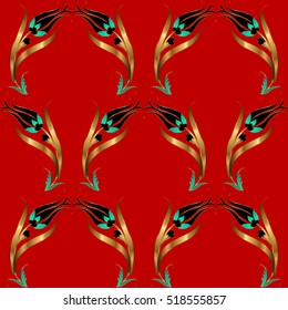 Ottoman Tulip Pattern. Background Motif. Golden Gilded Fabric Pattern.