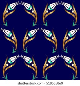 Ottoman Tulip Pattern. Background Motif. Golden Gilded Fabric Pattern.