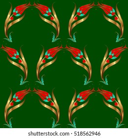Ottoman Tulip Pattern. Background Motif. Golden Gilded Fabric Pattern.