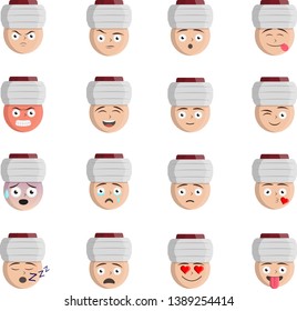 Ottoman / turkish / Arab man with turban icon, smiley, emoji set of various emotions.