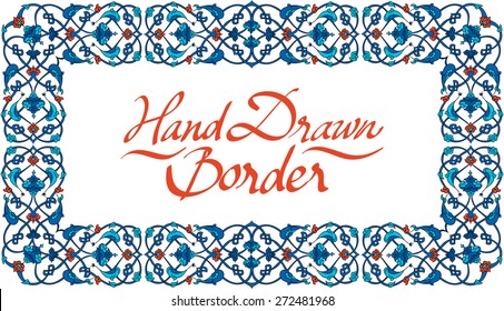 Ottoman, Turkish, Arabic, African, Islamic floral vector border frame ceramic tile el çizimi vektör osmanlı çini motif bordür