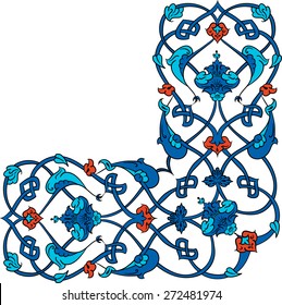 Ottoman, Turkish, Arabic, African, Islamic Floral Vector Border Frame Ceramic Tile Corner Osmanlı çini Motif Bordür Köşe