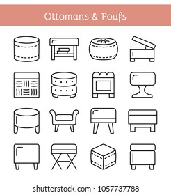 Ottomans and Poufs. Accent stools. Different kinds of classic & modern upholstered seats. Living room, bedroom & patio furniture. Front view. Vector icon collection.