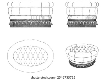 Ottomans and Poufs. Accent stools. Different kinds of classic and modern upholstered seats. Living room, bedroom, patio furniture. Vector icon collection.