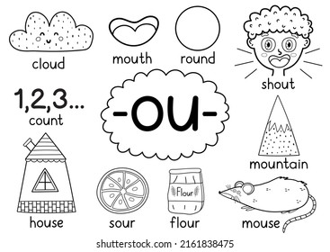 Ou Digraph Spelling Rule Black And White Activity Page For Kids With Words. Poster To Learn -ou- Phonics Sound For School And Preschool. Vector Illustration