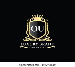 OU Initial Letters. Gold calligraphic feminine floral hand drawn heraldic monogram antique vintage style luxury logo design.