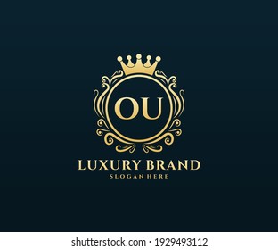 OU Initial Letters, Gold text with feminine floral hand drawn heraldic monogram, Antique vintage style luxury logo design.