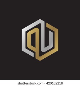 OU initial letters looping linked hexagon elegant logo golden silver black background