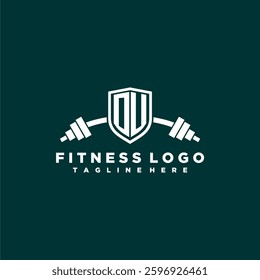 OU initial monogram for fitnes or gym logo with creative shield and barbell design