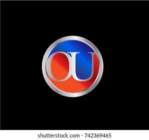 OU Letter logo Design in a circle. Blue Red and silver colored
