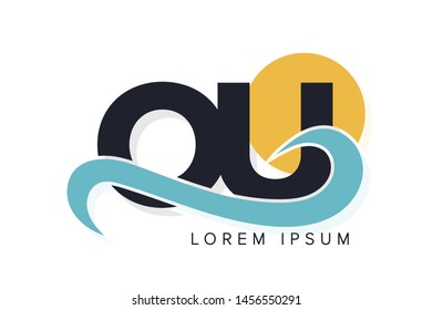 OU letter logo with ocean waves and sunset. Beach concept design