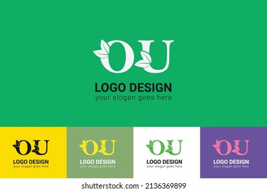 OU letters eco logo with leaf. Vector typeface for nature posters, eco friendly emblem, vegan identity, herbal and botanical cards etc. Ecology OU letters logo with leaf.