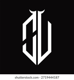 Monograma do logotipo da UO com forma de buzina isolada modelo de design preto e branco sobre fundo preto
