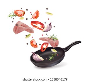 OU vector illustration of pan with ham and vegetables