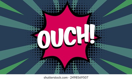 Ouch comic text template on retro background for stickers, posters, social media posts