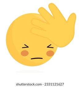 Ouch emoji covering forehead with hand and looking distressed, perplexed, puzzled, confused. Negative problem face saying oh no.
Headache emoticon, facepalm icon with closed eyes.
Vector illustration