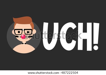 Ouch illustrated sign. BDSM concept. Red hair man wearing red silicone ball gag with a leather belt